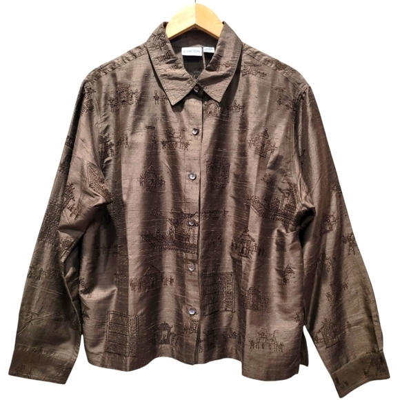 CHICO'S Medium Vintage Embroidered 100% Silk Button Down Long Sleeve Blazer - Picture 1 of 5
